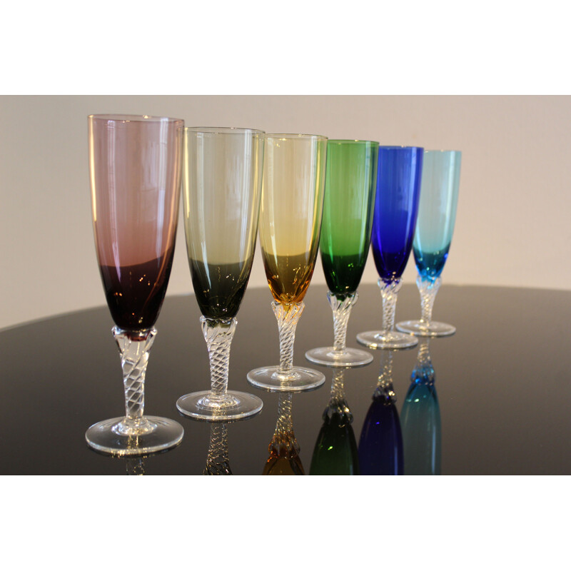 Set of 6 vintage colored glasses in Murano glass Italy 1950s