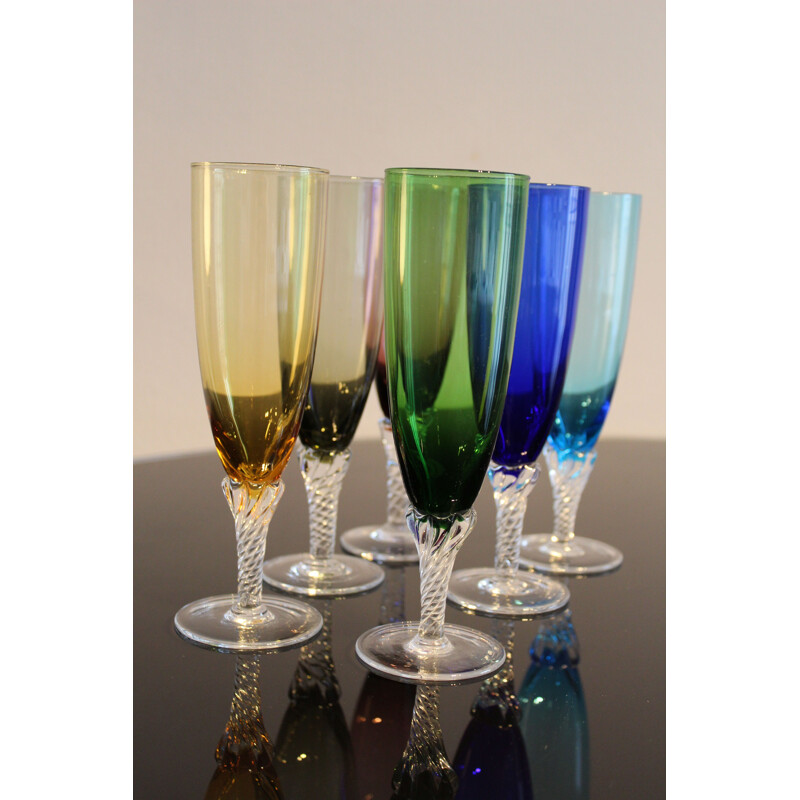 Set of 6 vintage colored glasses in Murano glass Italy 1950s