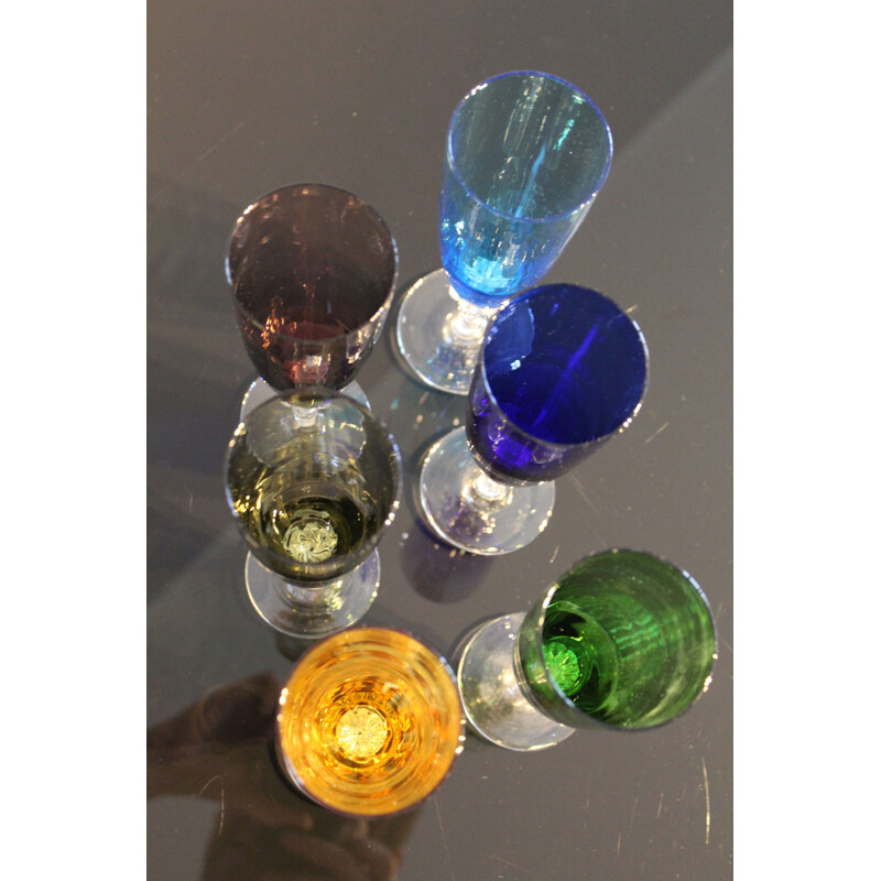 Ensemble de 6 verres vintage colorés en verre de Murano Italie 1950