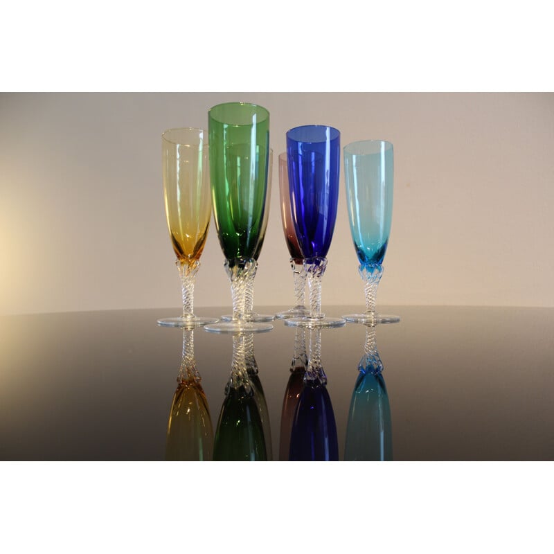 Set of 6 vintage colored glasses in Murano glass Italy 1950s