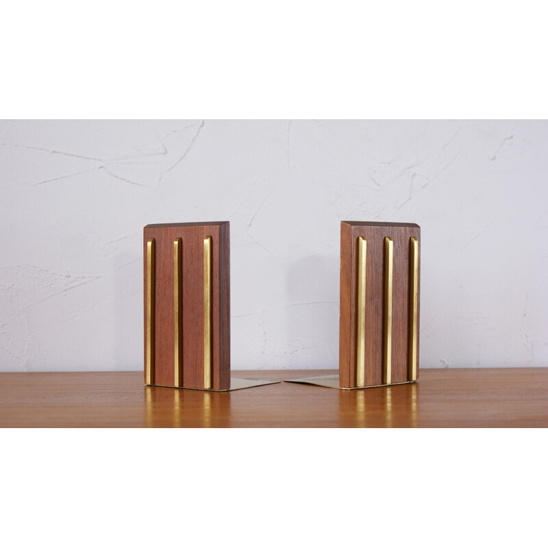 Pair of vintage teak and brass bookends 1950s