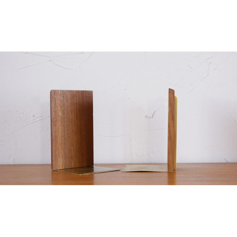 Pair of vintage teak and brass bookends 1950s