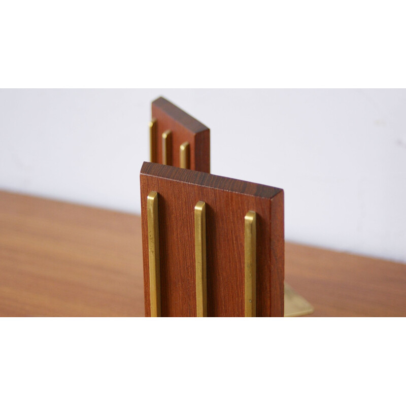 Pair of vintage teak and brass bookends 1950s