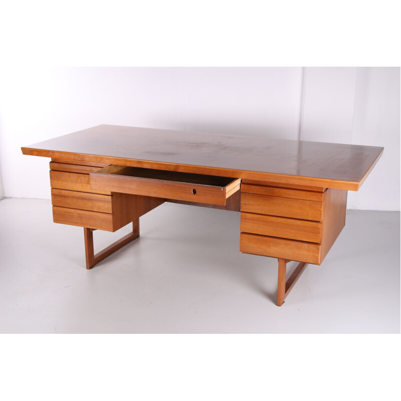Grand table de bureau vintage en bois avec tiroirs