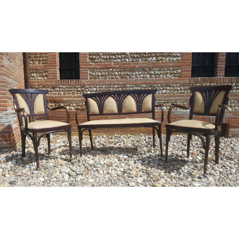 Paire de fauteuils et 1 canapé vintage en bois de hêtre massif