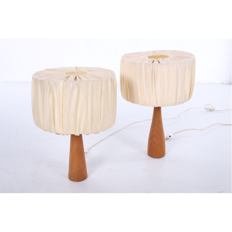 Pair of vintage teak table lamps with fabric shade 1960s