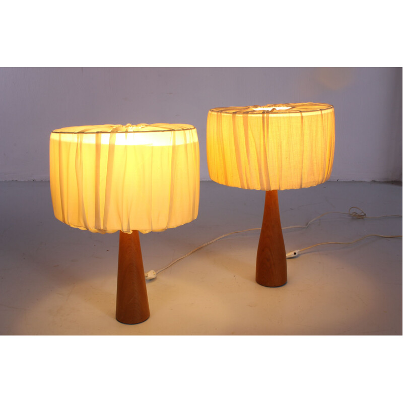 Pair of vintage teak table lamps with fabric shade 1960s