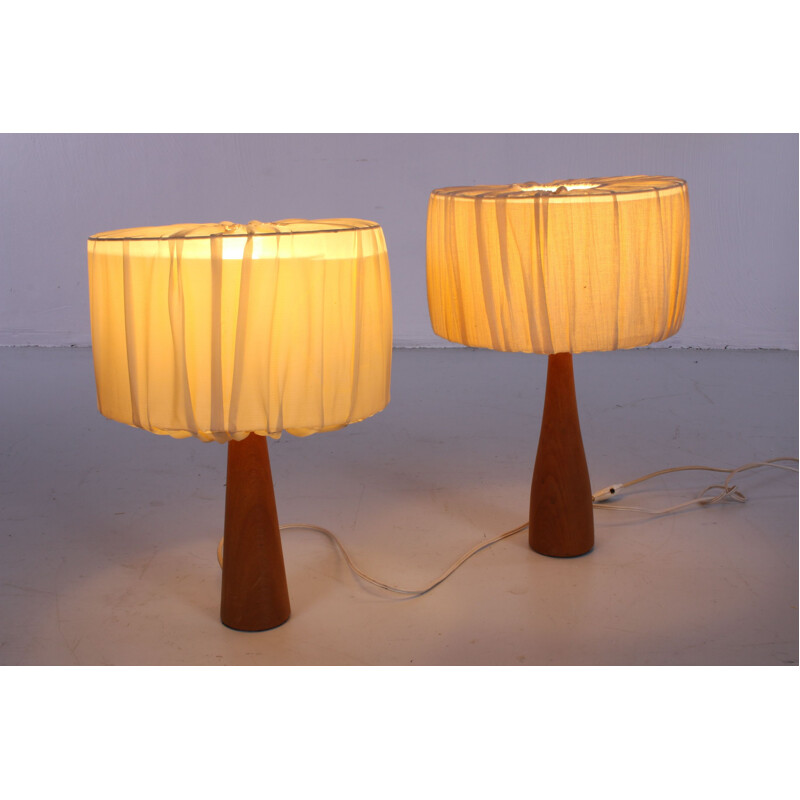 Pair of vintage teak table lamps with fabric shade 1960s