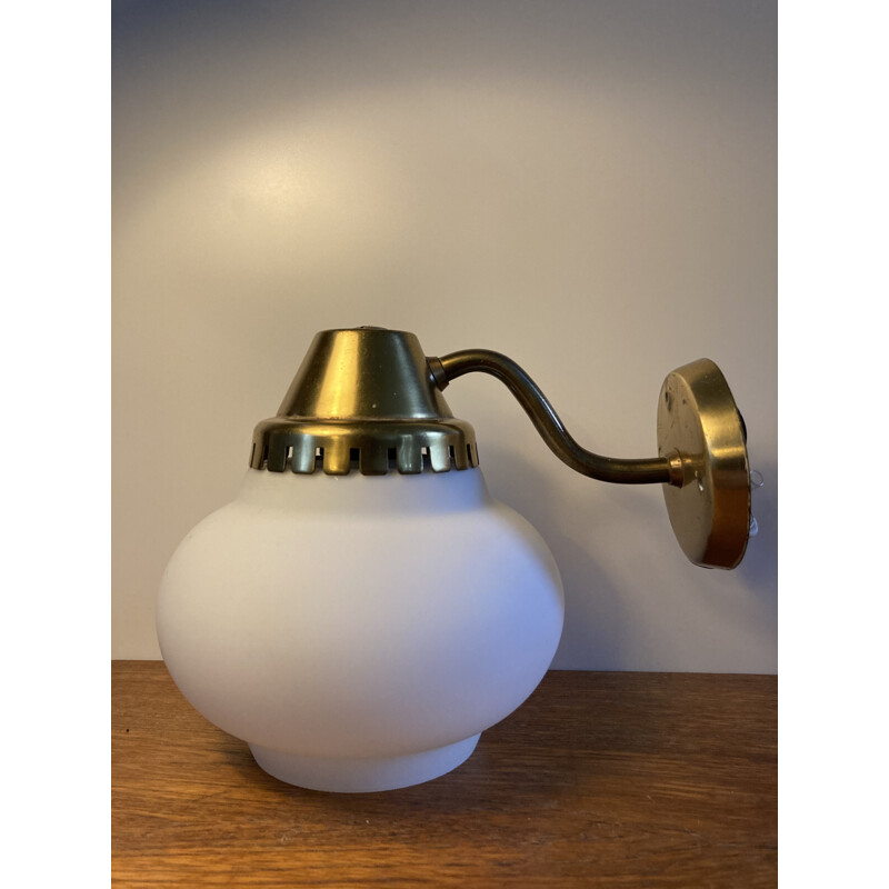 Vintage brass wall lamp with opal glass shade 1940s