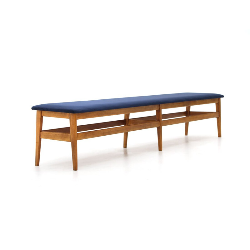 Vintage wooden bench with blue velvet top 1960s