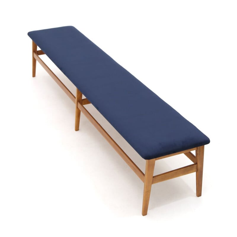 Vintage wooden bench with blue velvet top 1960s