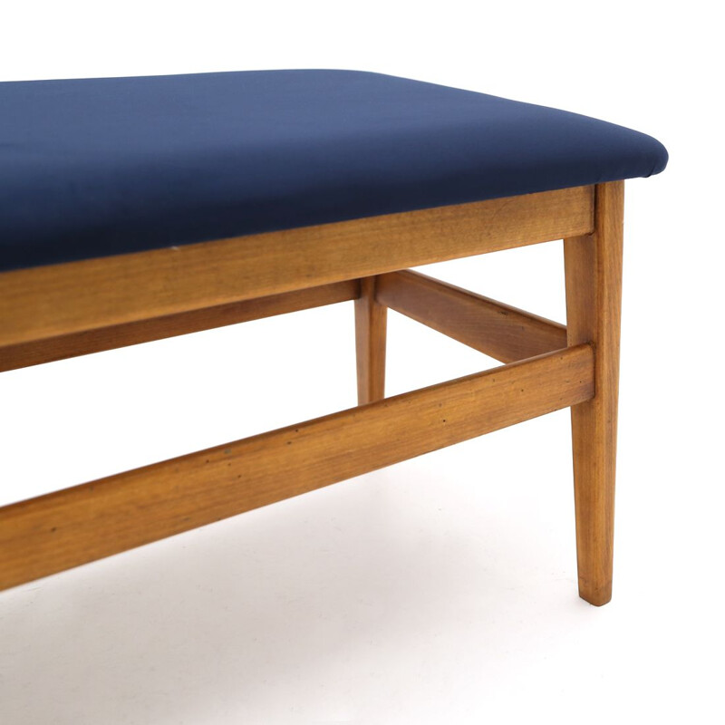 Vintage wooden bench with blue velvet top 1960s