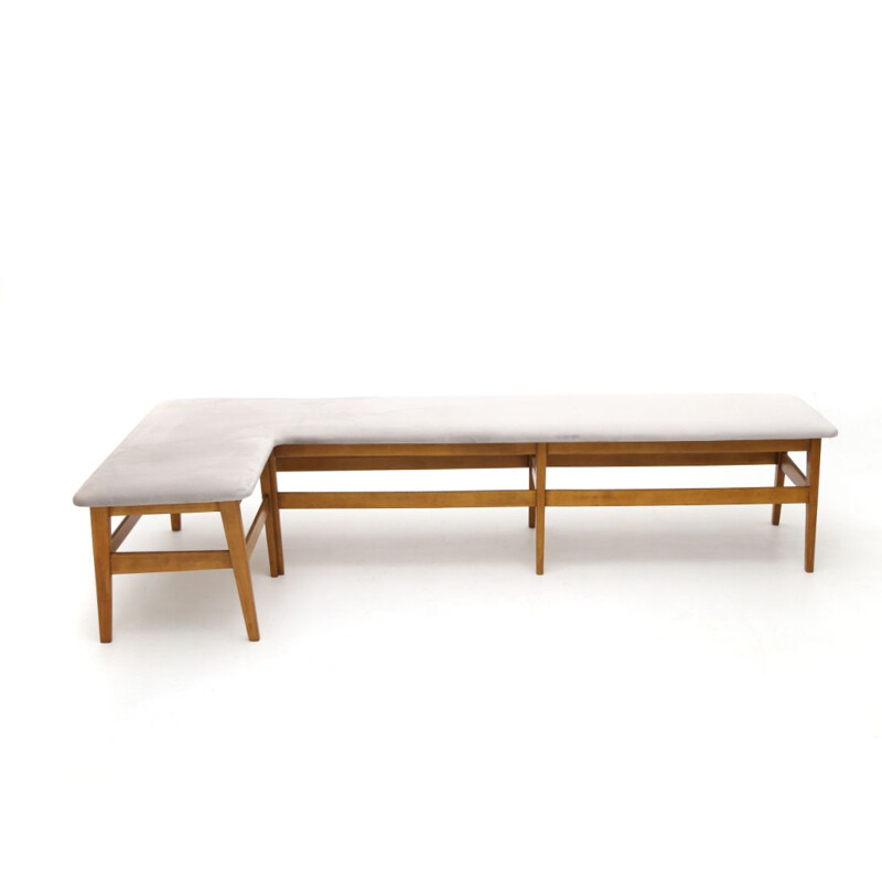 Vintage angular wooden bench with grey velvet seat 1960s