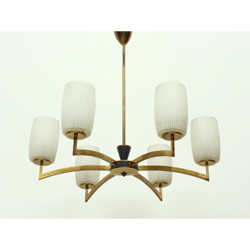 Vintage chandelier with 6 arms in brass and glass 1950s