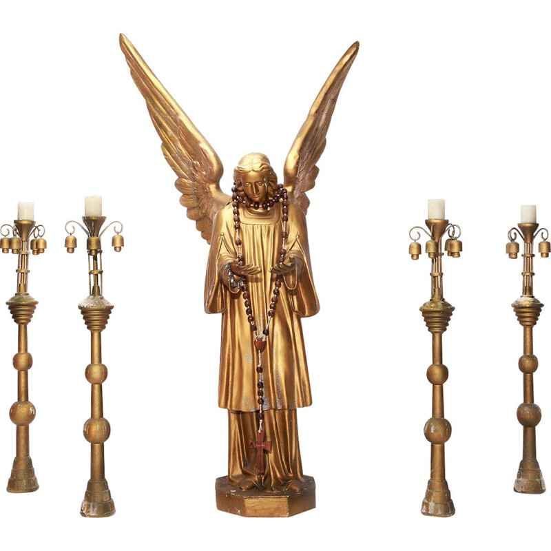 vintage sculpture Angel Gabriel  with 4 large candlesticks XXL