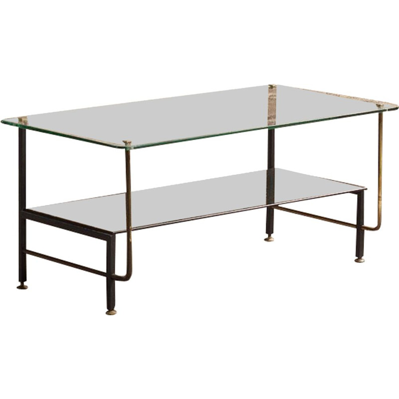 Table basse vintage en verre et structure en métal