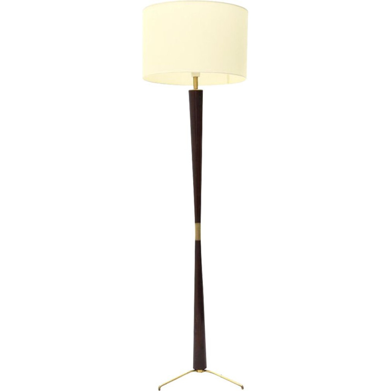 Vintage wooden floor lamp with fabric diffuser and brass base 1940s