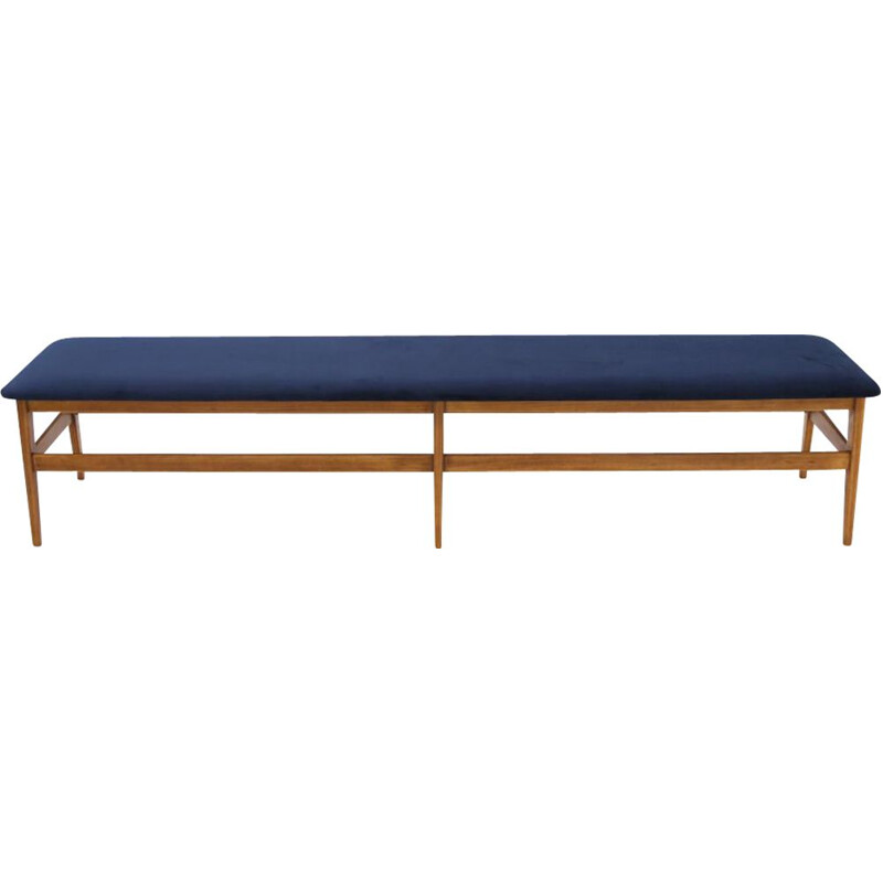 Vintage wooden bench with blue velvet top 1960s