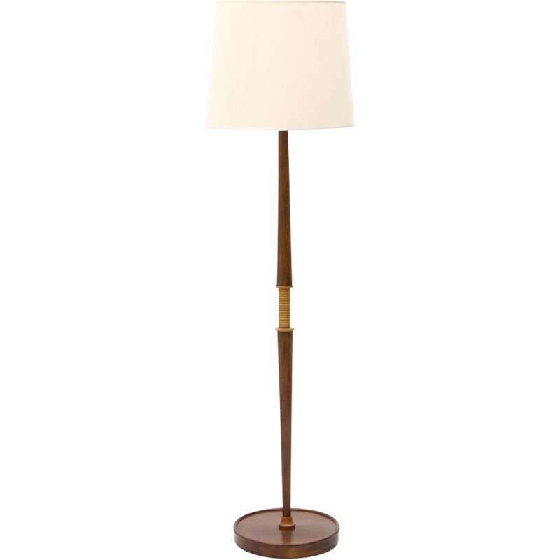 Vintage wooden floor lamp with fabric diffuser 1940s