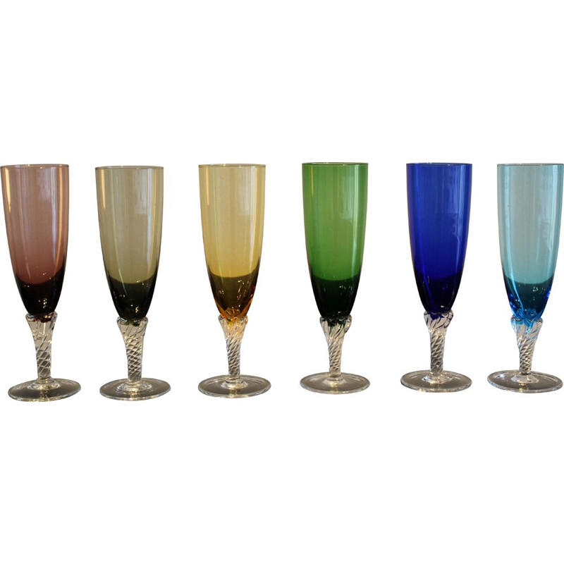 Set of 6 vintage colored glasses in Murano glass Italy 1950s