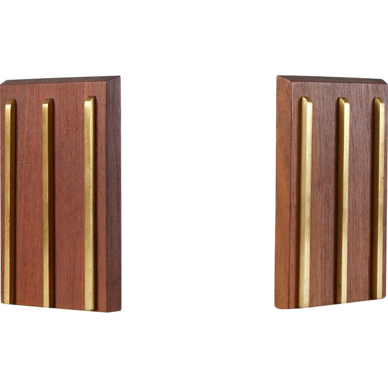 Pair of vintage teak and brass bookends 1950s