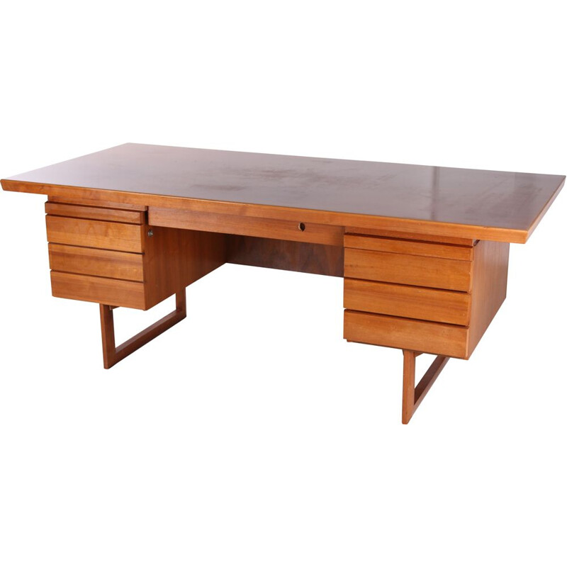 Grand table de bureau vintage en bois avec tiroirs