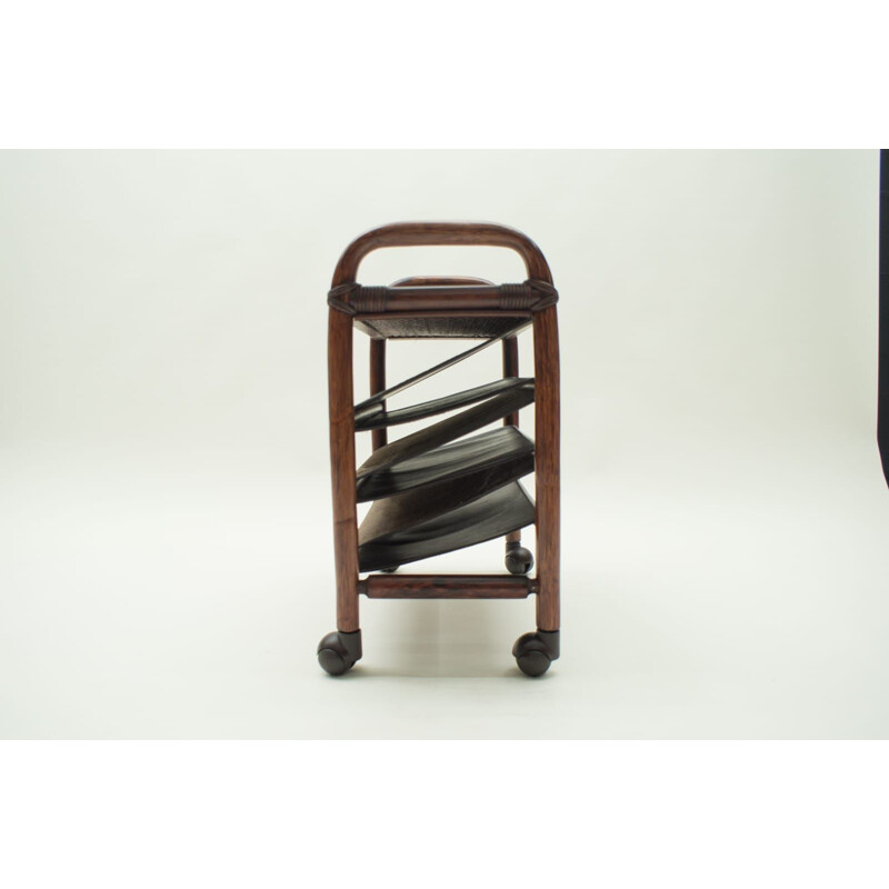 Vintage bamboo and leather newspaper cart with shelf 1970s