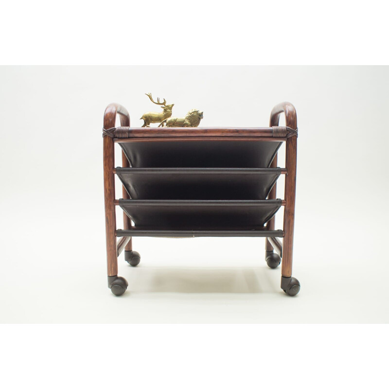Vintage bamboo and leather newspaper cart with shelf 1970s