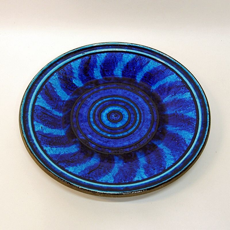 Vintage large  blue ceramic plate by Inger Persson for Sweden 1960s