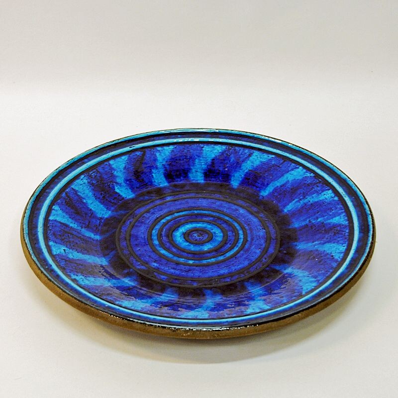 Vintage large  blue ceramic plate by Inger Persson for Sweden 1960s