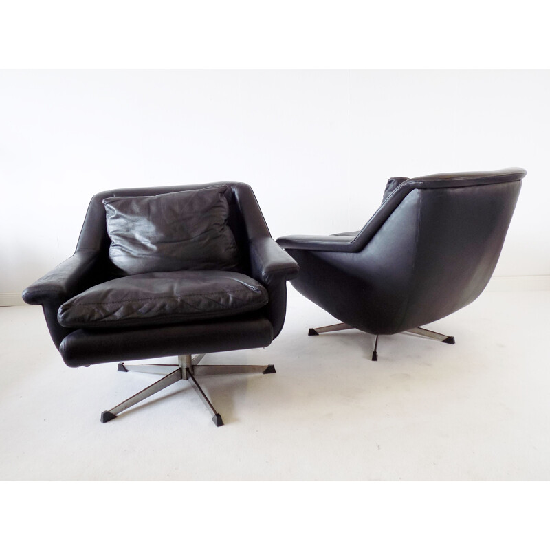  Set of 2 vintage black leather armchairs by Werner Langenfeld 1960s