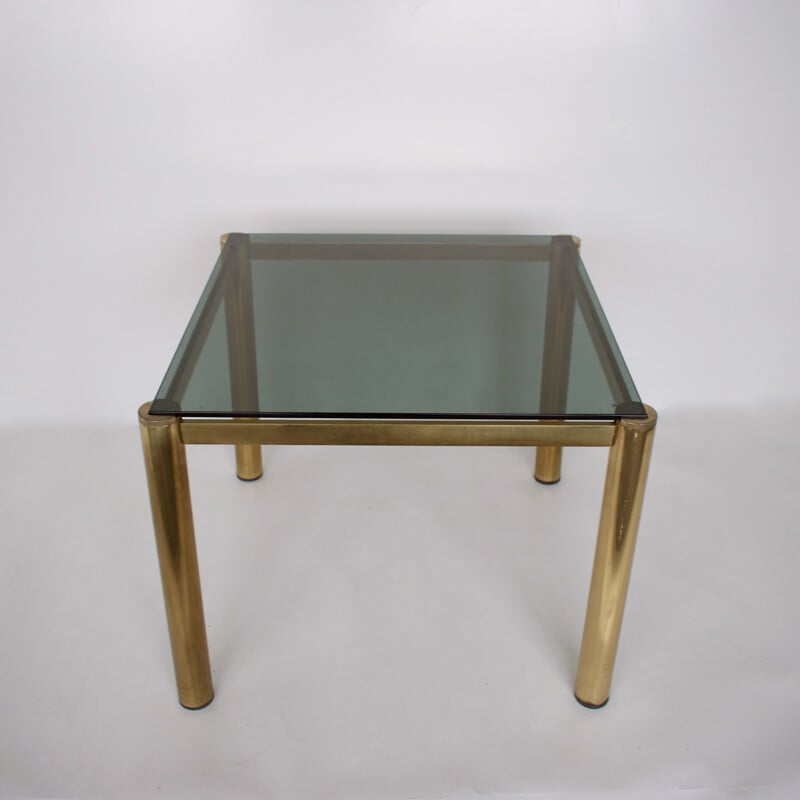 Vintage square coffee table, smoked glass and brass, 1980