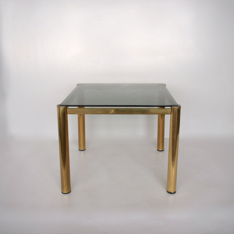 Vintage square coffee table, smoked glass and brass, 1980