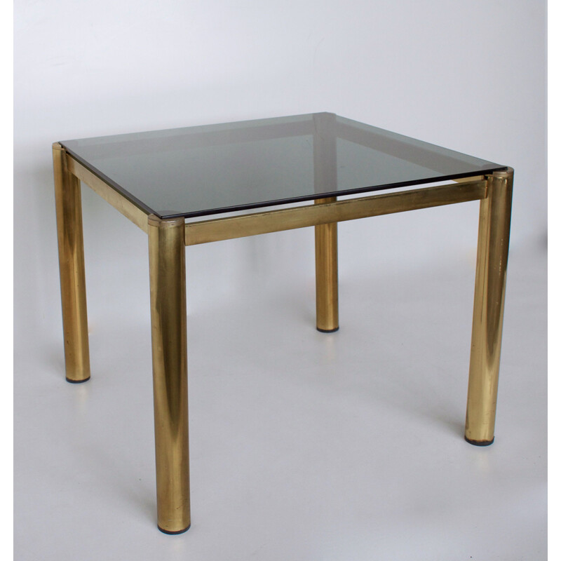 Vintage square coffee table, smoked glass and brass, 1980