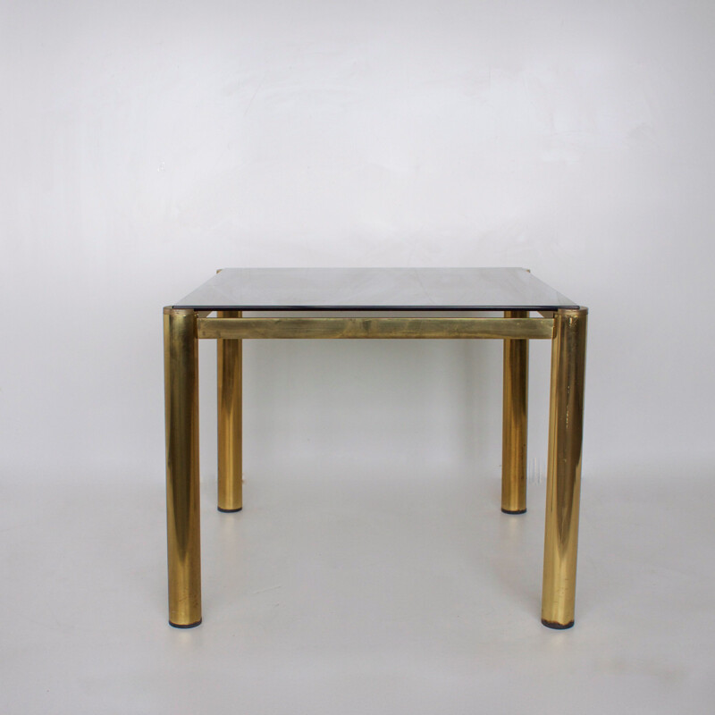 Vintage square coffee table, smoked glass and brass, 1980