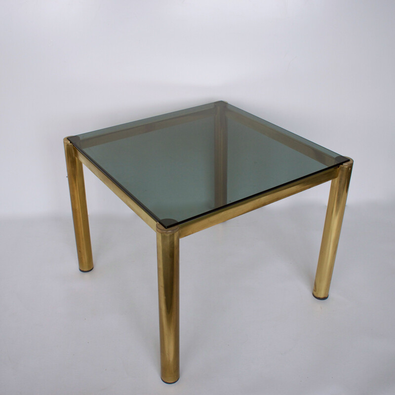 Vintage square coffee table, smoked glass and brass, 1980