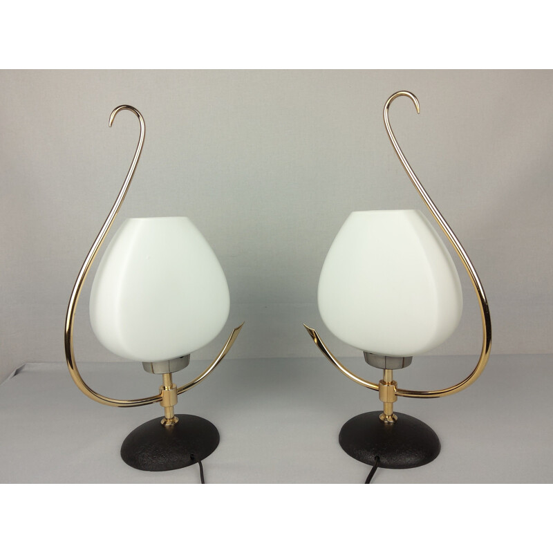 Pair of vintage opaline and brass lamps, 1960