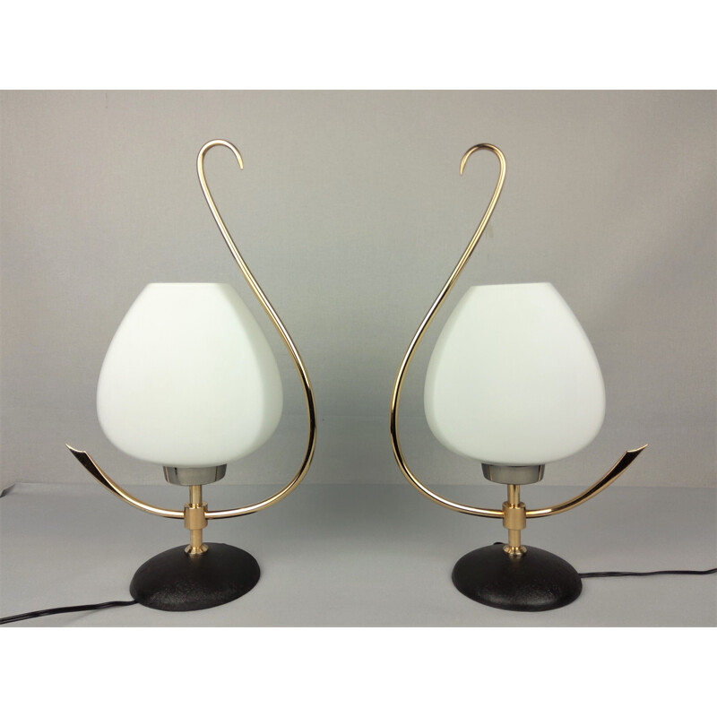 Pair of vintage opaline and brass lamps, 1960