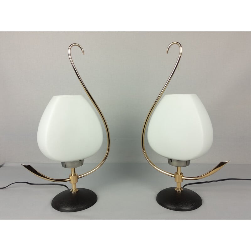 Paar vintage opaline en messing lampen, 1960