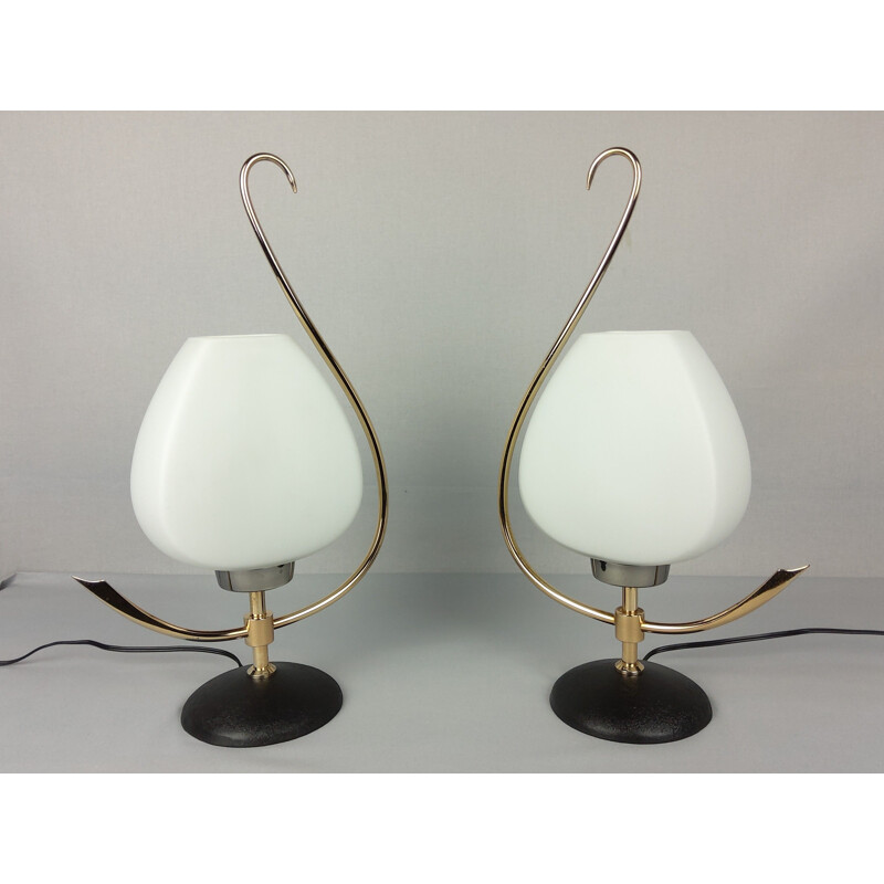 Pair of vintage opaline and brass lamps, 1960
