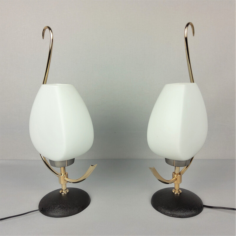 Pair of vintage opaline and brass lamps, 1960
