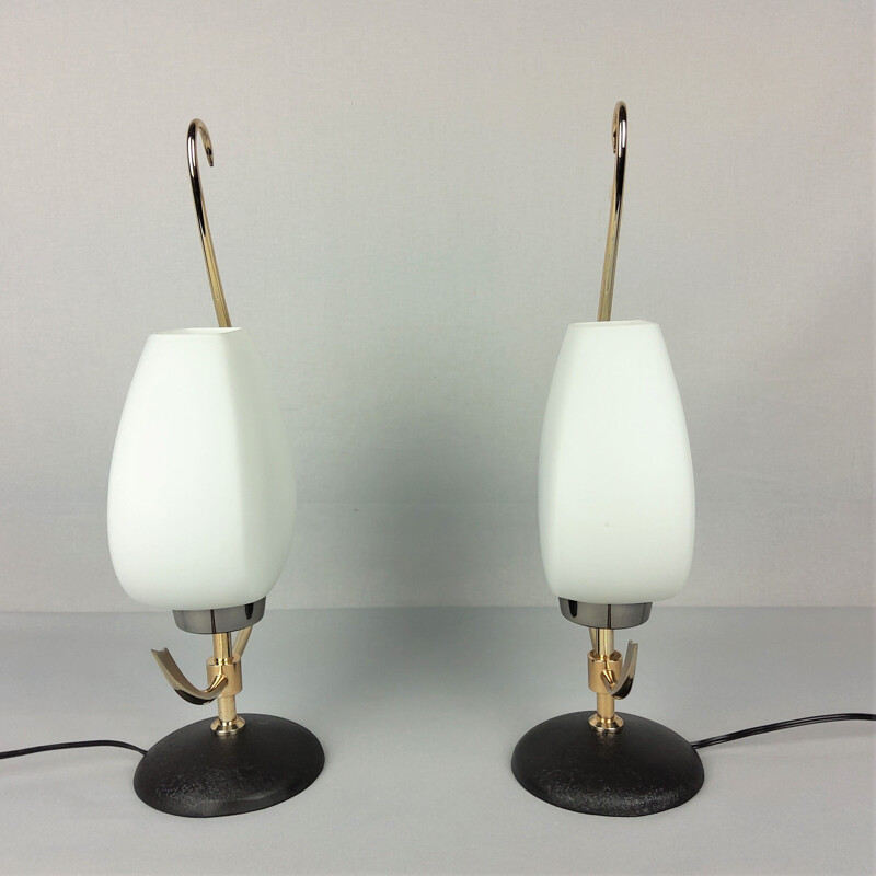 Pair of vintage opaline and brass lamps, 1960