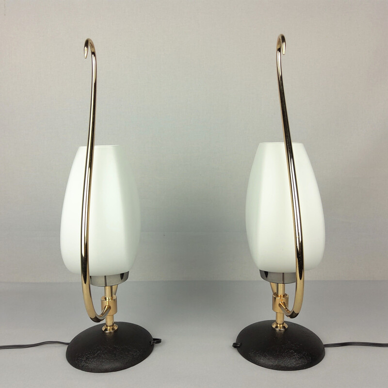 Pair of vintage opaline and brass lamps, 1960