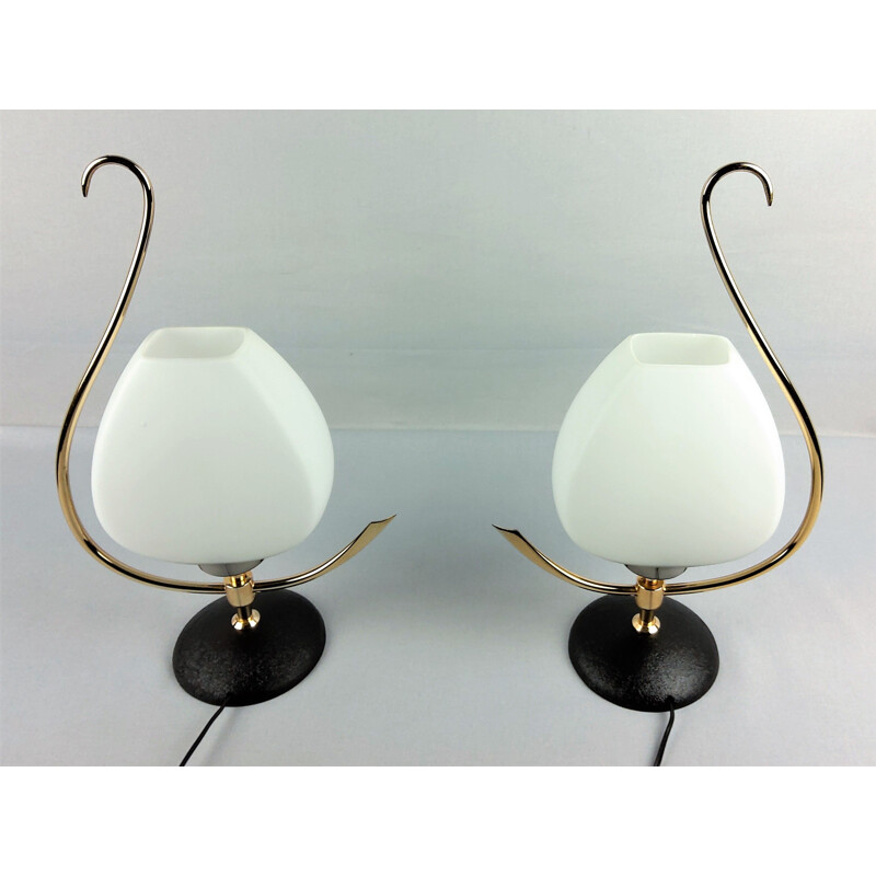 Paar vintage opaline en messing lampen, 1960