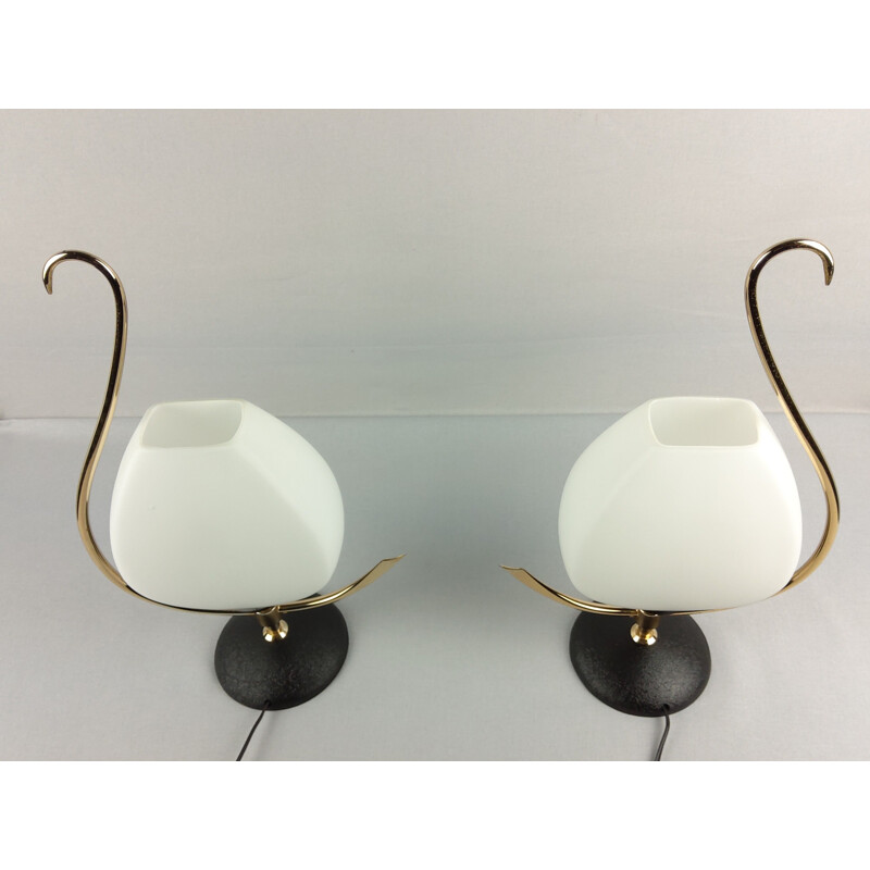 Pair of vintage opaline and brass lamps, 1960