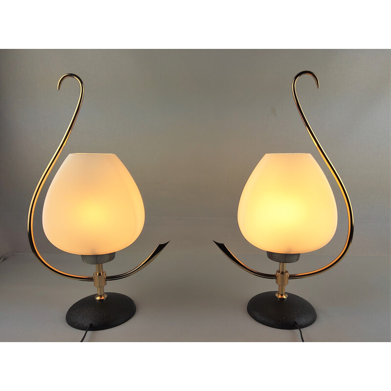 Pair of vintage opaline and brass lamps, 1960