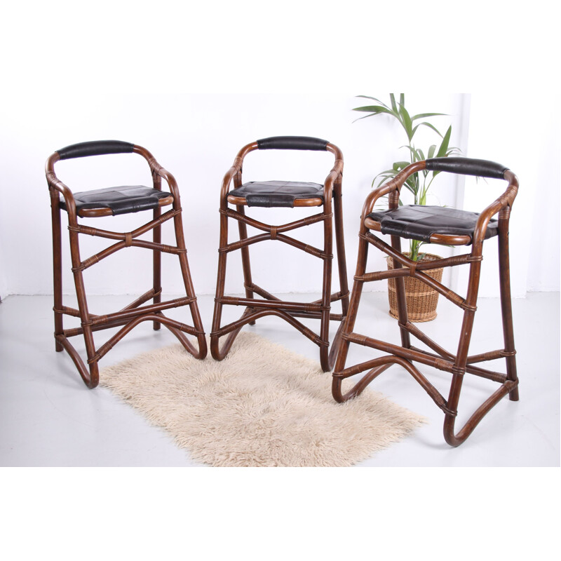 Set of 3 vintage bamboo bar stools from Horsnaes Denmark 1970s