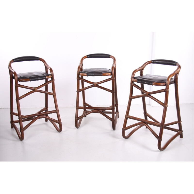 Set of 3 vintage bamboo bar stools from Horsnaes Denmark 1970s