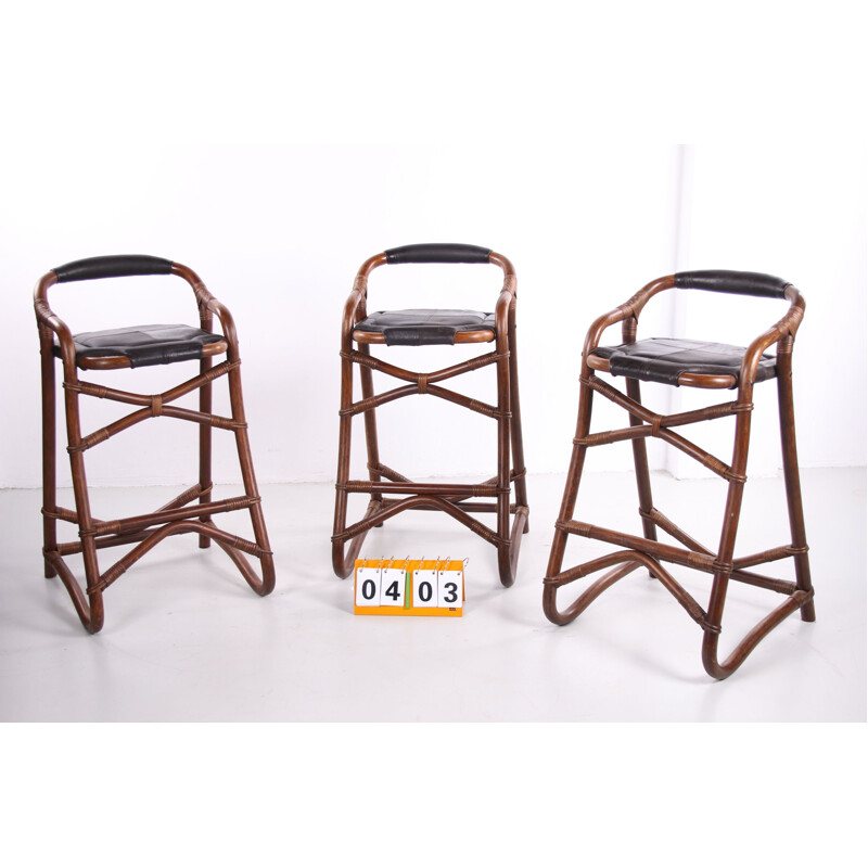 Set of 3 vintage bamboo bar stools from Horsnaes Denmark 1970s