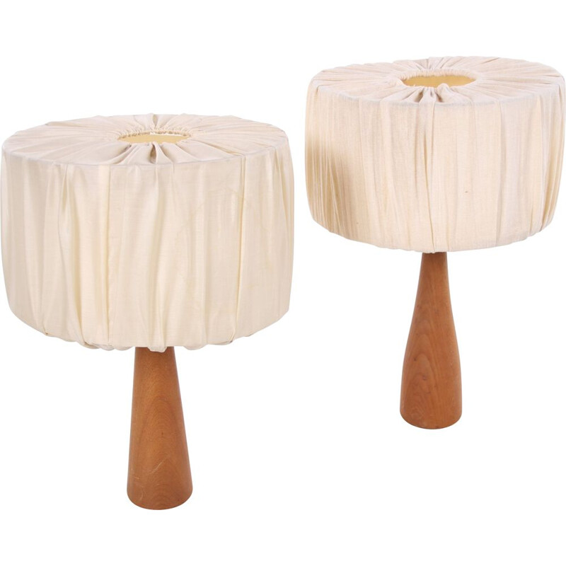 Pair of vintage teak table lamps with fabric shade 1960s
